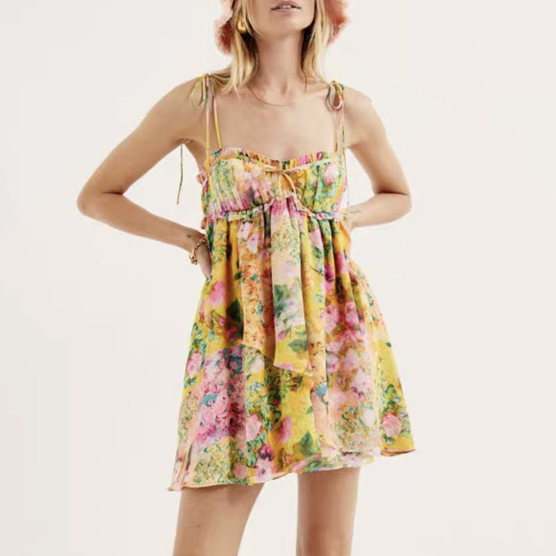 Flowers Print Suspender Dress