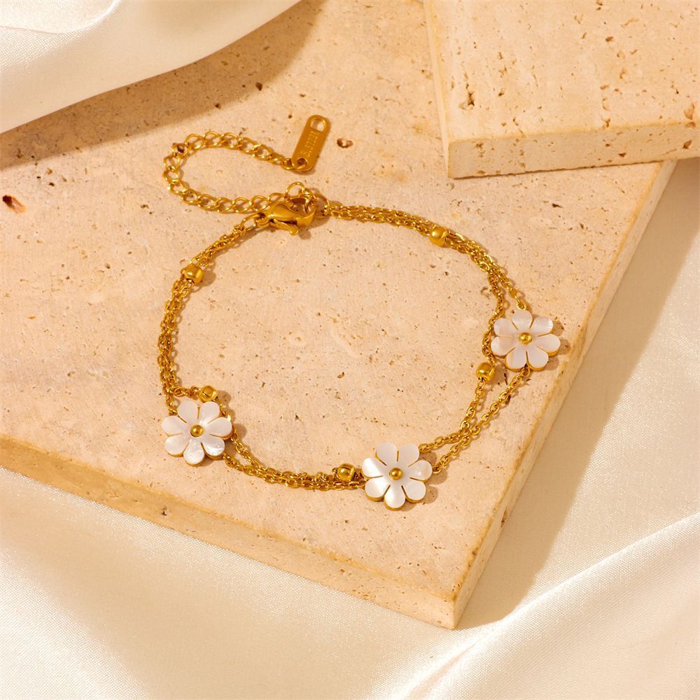 Stainless Steel Daisy Flower Jewelry Set – Double Layer Necklace , Earrings & Bracelet