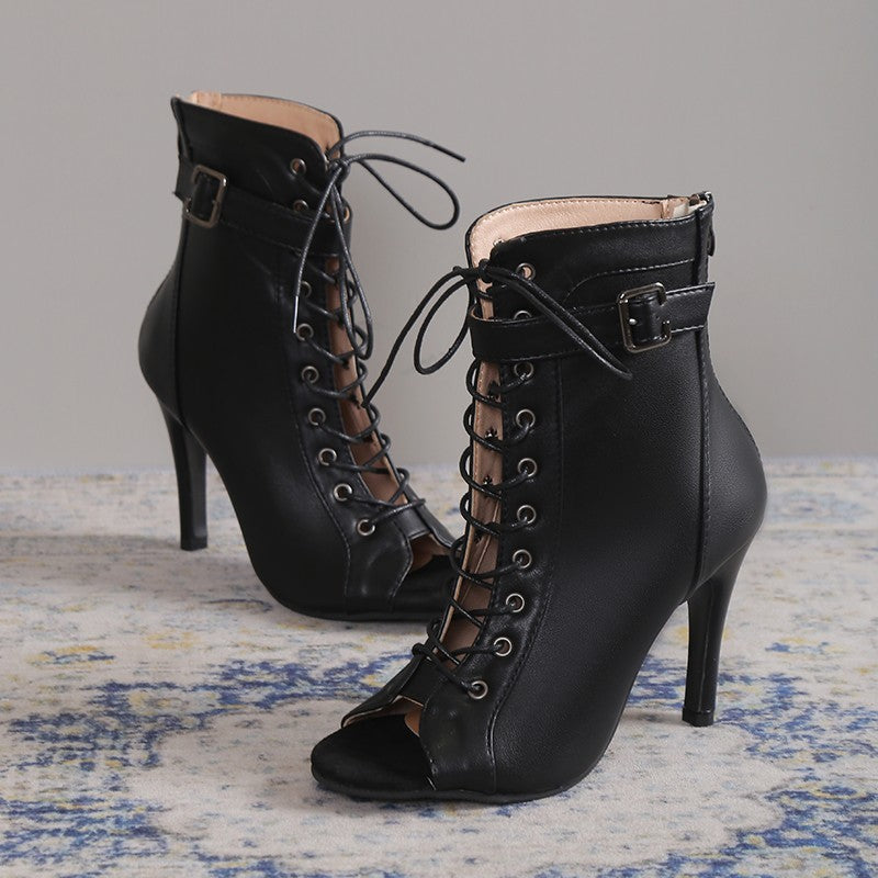 Women's Peep Toe High Heel Sandals – Lace-Up Buckle Pumps with Back Zipper