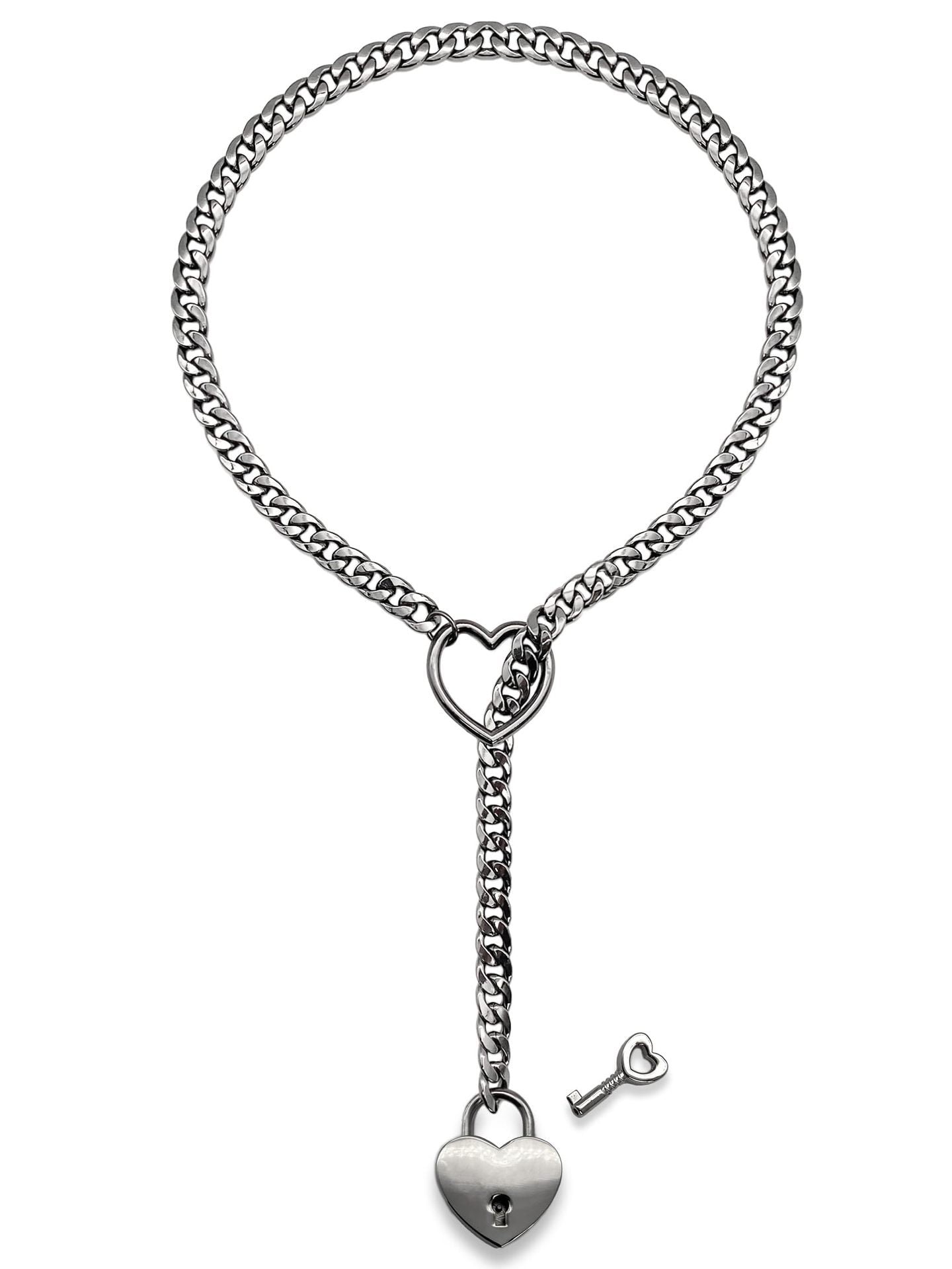 2025 Fashion Jewelry Slip Chain Necklace | Adjustable Long Cuban Necklace with Heart O-Ring & Lock Core Key Pendant