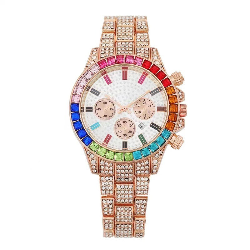 Three-Eye Diamond Colorful Crystals Steel Belt Bracelet Bracelet Three-piece Set