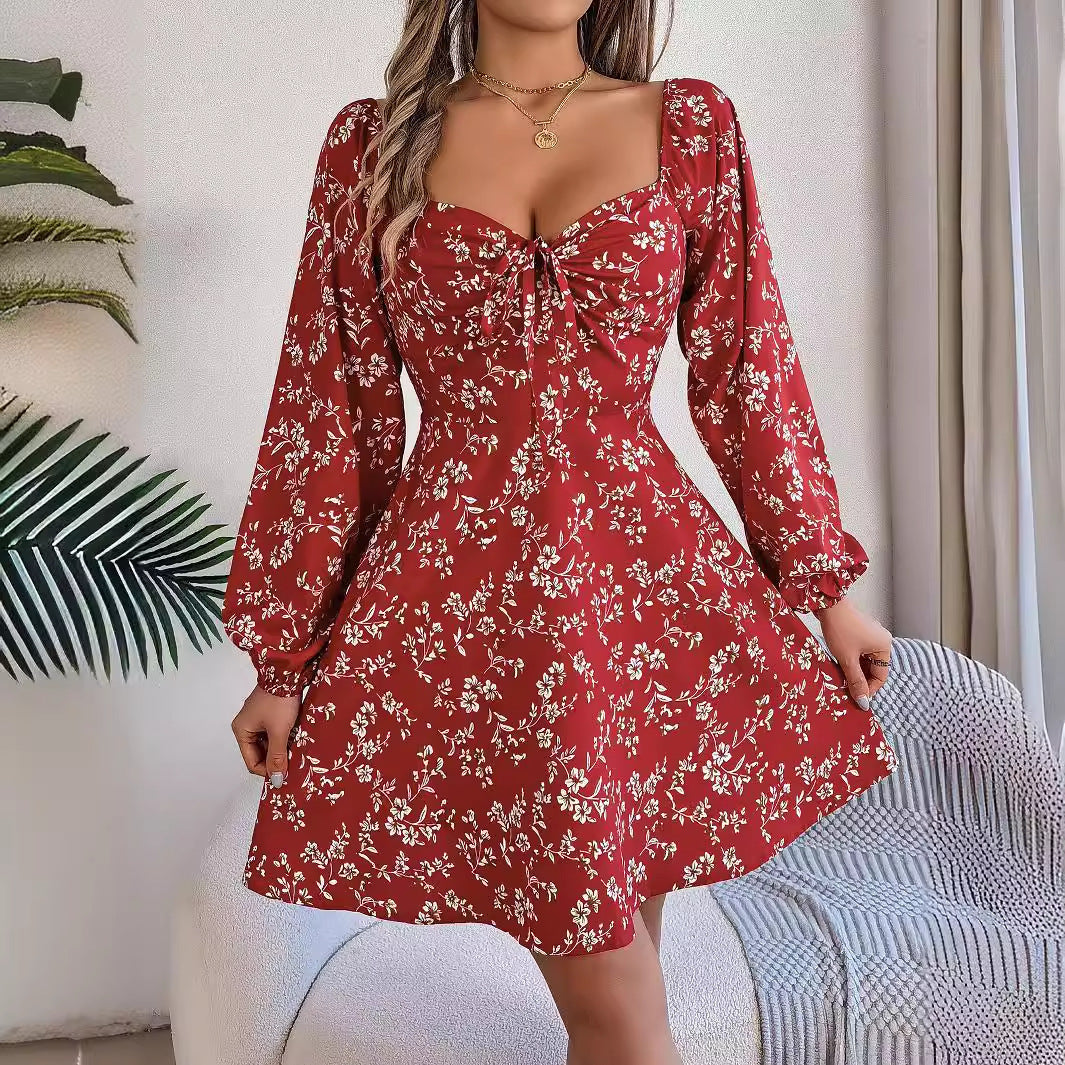 Floral Print Lantern Sleeve Dress Casual