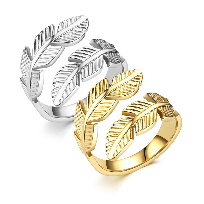 Feather Open Ring - Titanium Steel Gold & Silver Adjustable Handmade Jewelry, Party Gift