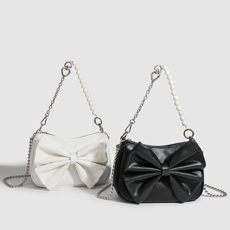 Women's PU Bow Handbag - Black & White Underarm Tote with Pearl Chain, Small Shoulder Purse