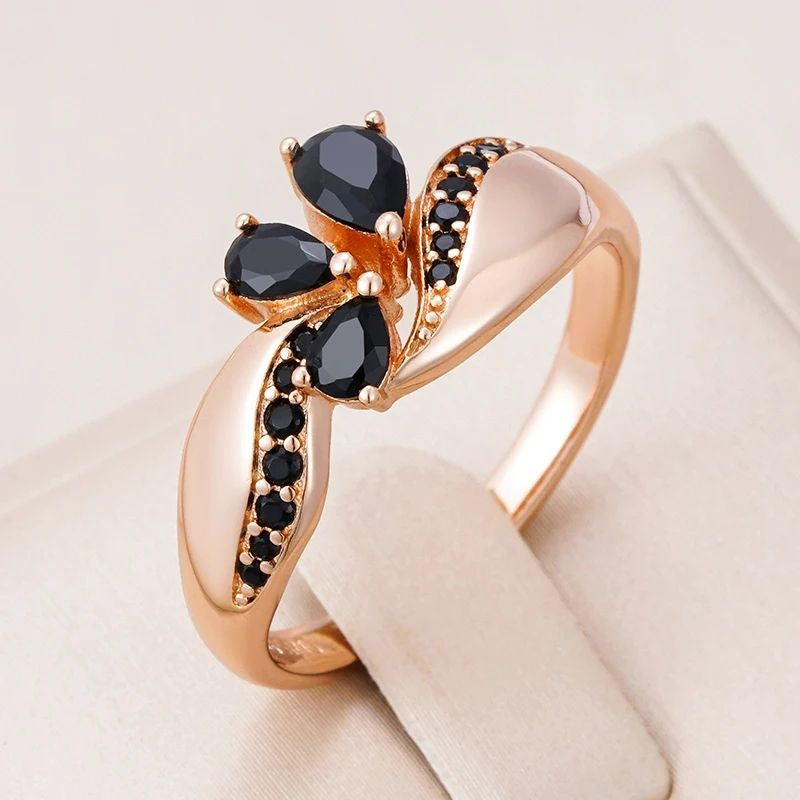 French Luxury Black Zircon Floral Women's Ring