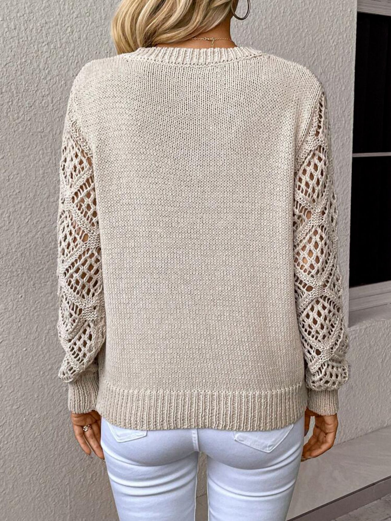 Solid V-neck Pullover Sweater With Hollow Long Sleeve