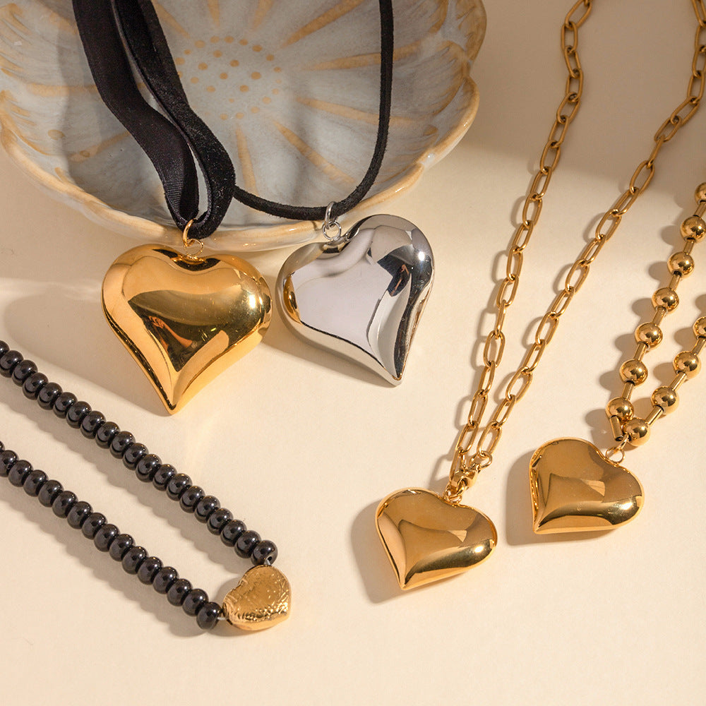 Gold Plated Stainless Steel Love Heart Necklace | Hypoallergenic Chunky Water-Resistant Women’s Jewelry | Smooth & Tarnish-Free