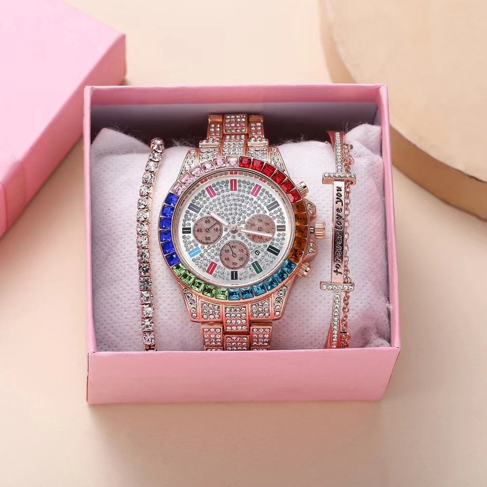 Three-Eye Diamond Colorful Crystals Steel Belt Bracelet Bracelet Three-piece Set
