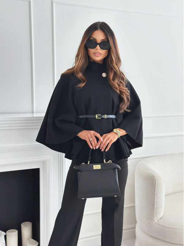 New Stand Collar Batwing Sleeves Cloak Top With Belt