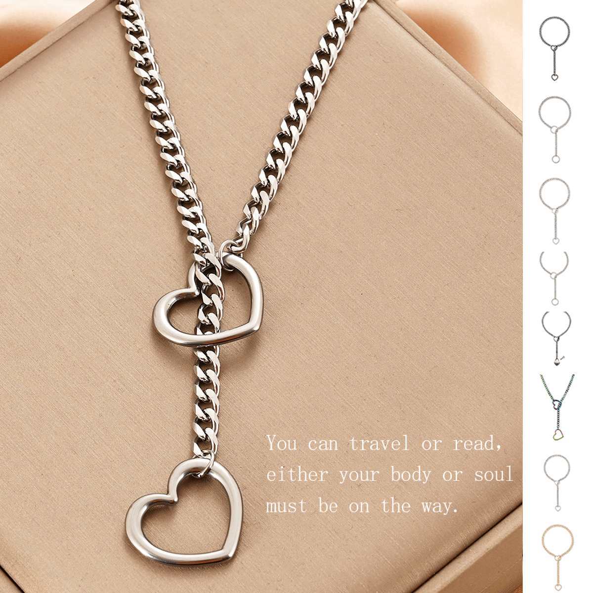 Stainless Steel Lariat Heart Necklace | Heavy Ring Cuban Long Chain Punk Rock Slipchain Choker Collar for Women & Men