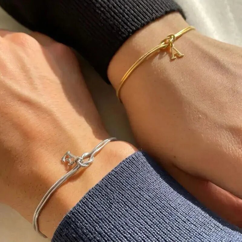 A-Z Letter Love Knot Bracelets - Gold Snake Chain Couple Jewelry for Women, Valentine's Day Gift