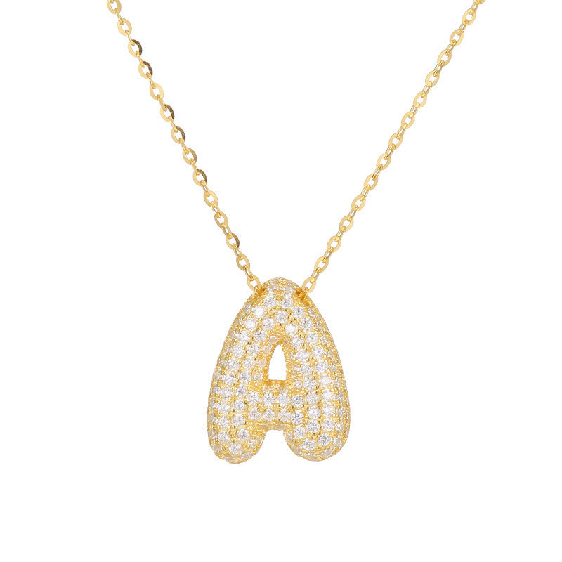 Women's Bubble Letter Initial Necklace - Chunky Stainless Steel Pendant with Zircon, A-Z Balloon Letters