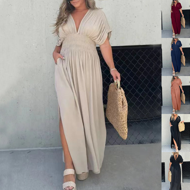 Bat-sleeved V-neck Slit Dress