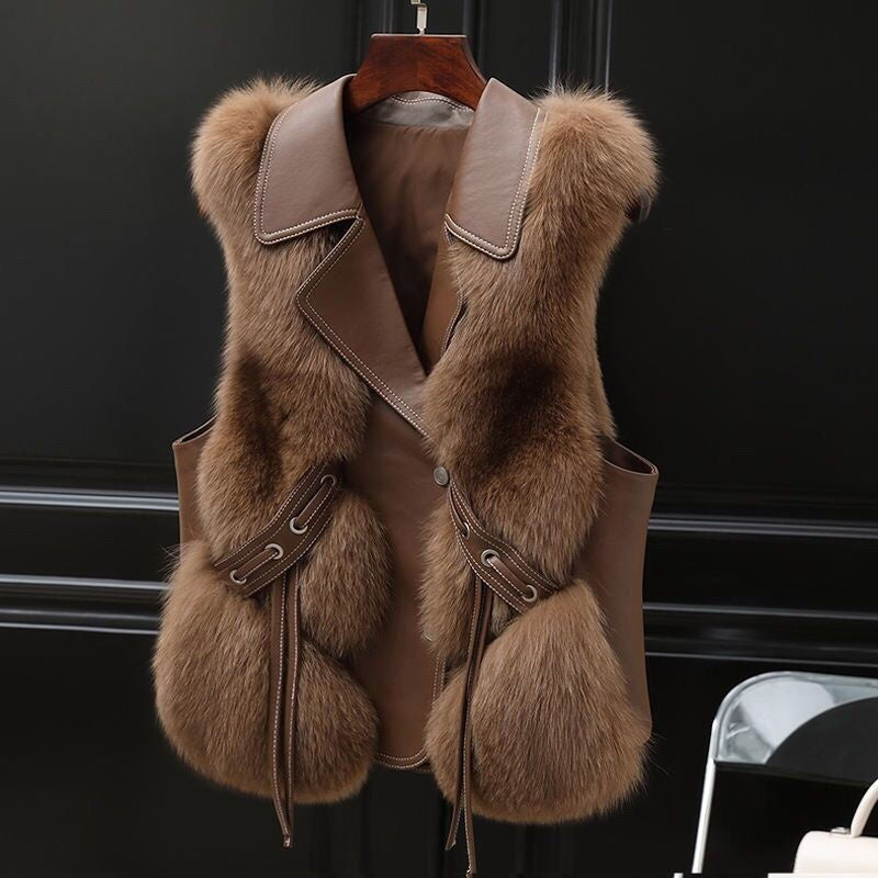 Women's Faux Fur Vest - Short Patchwork Fox Fur Coat, Elegant Warm Winter Outerwear