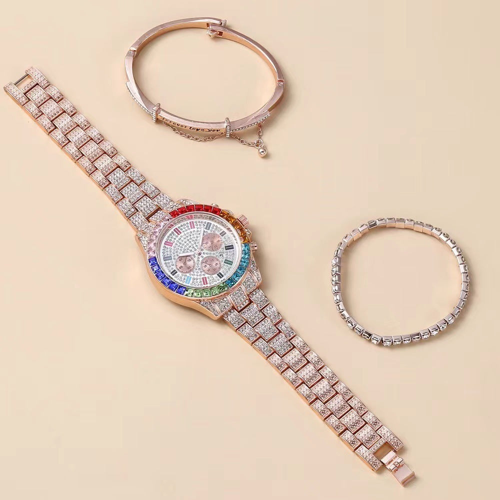 Three-Eye Diamond Colorful Crystals Steel Belt Bracelet Bracelet Three-piece Set