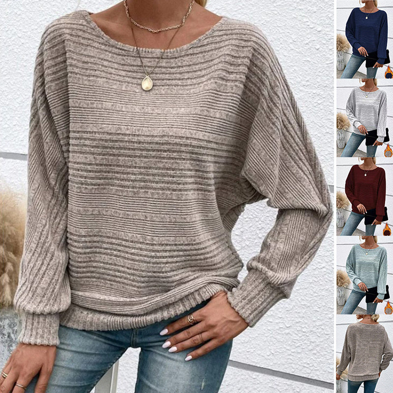Women's Solid Striped Batwing Sleeve T-Shirt - Casual Round Neck Long Sleeve Top for Spring & Autumn