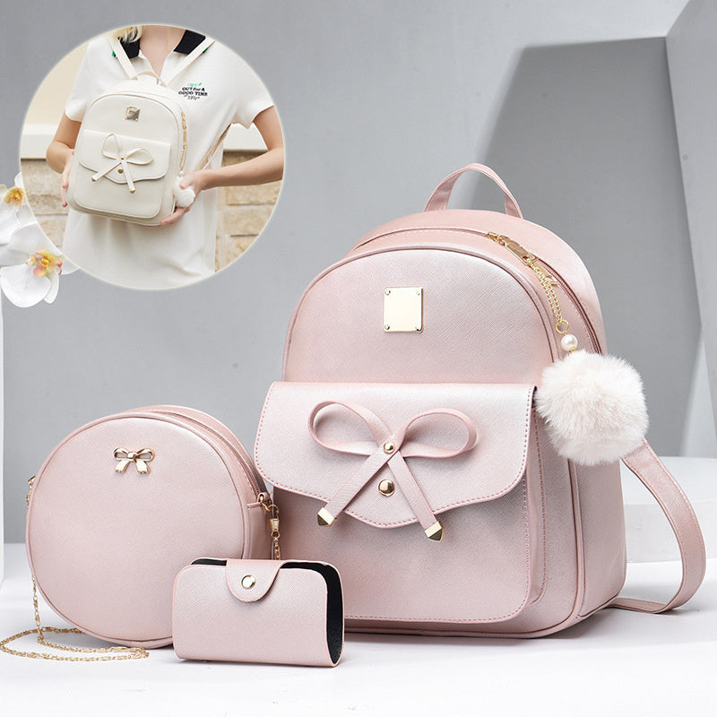 Fashion Women's PU Bow 3pcs Bag Set | Cute Backpack, Crossbody Bag & Coin Purse for Young Girls & Students