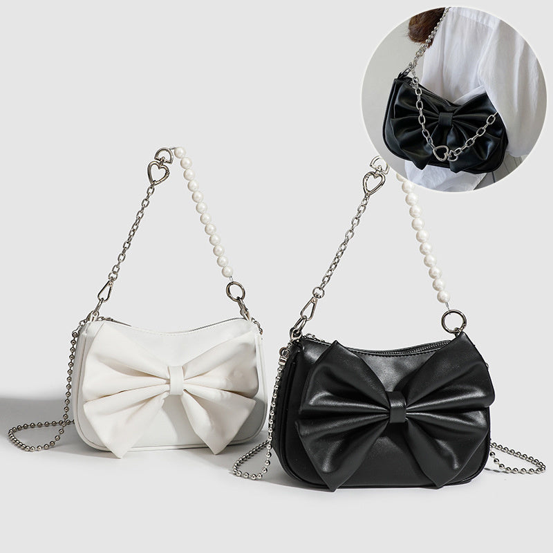 Women's PU Bow Handbag - Black & White Underarm Tote with Pearl Chain, Small Shoulder Purse