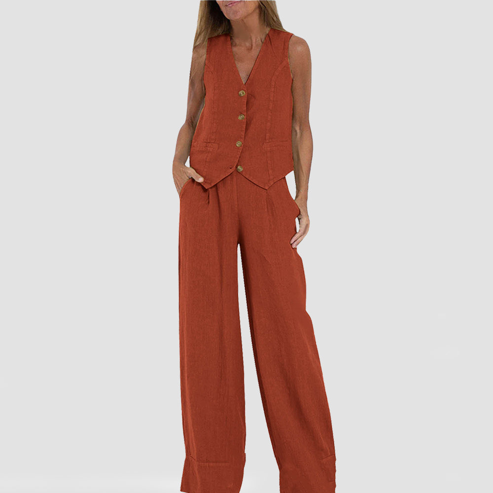 Vest Suits V-neck Sleeveless Top And Loose Straight Trousers