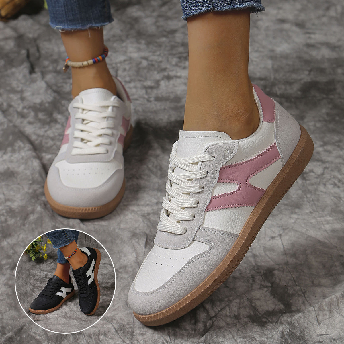Women's Colorblock Lace-Up Flats – Round Toe Slip-On Casual Shoes