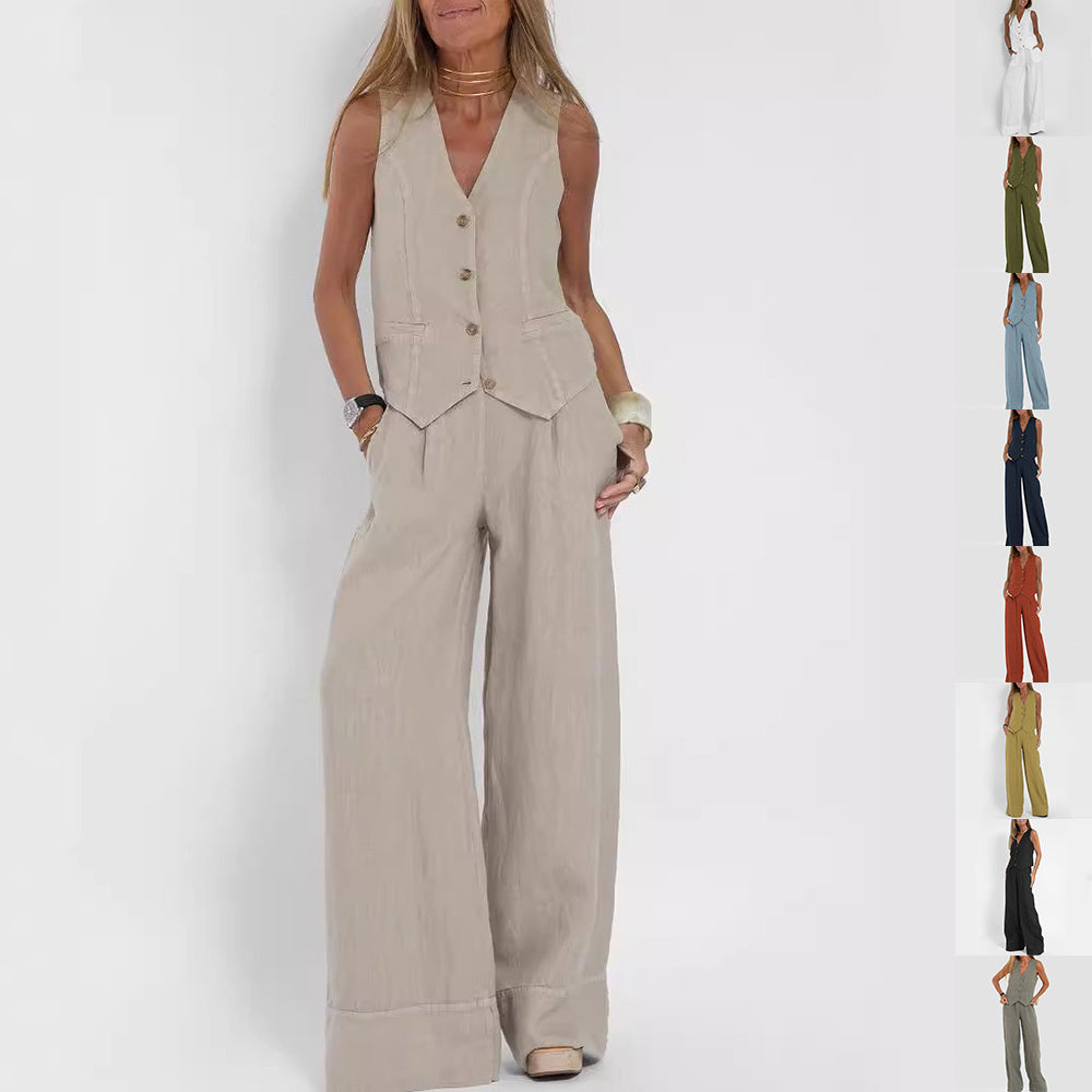 Vest Suits V-neck Sleeveless Top And Loose Straight Trousers