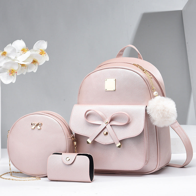 Fashion Women's PU Bow 3pcs Bag Set | Cute Backpack, Crossbody Bag & Coin Purse for Young Girls & Students