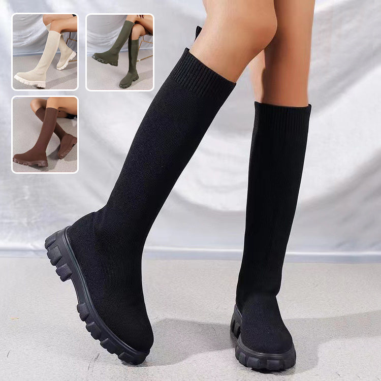 Women's Knitted Flyweave Boots - Breathable Thick-Soled Skinny Boots for Fall & Winter