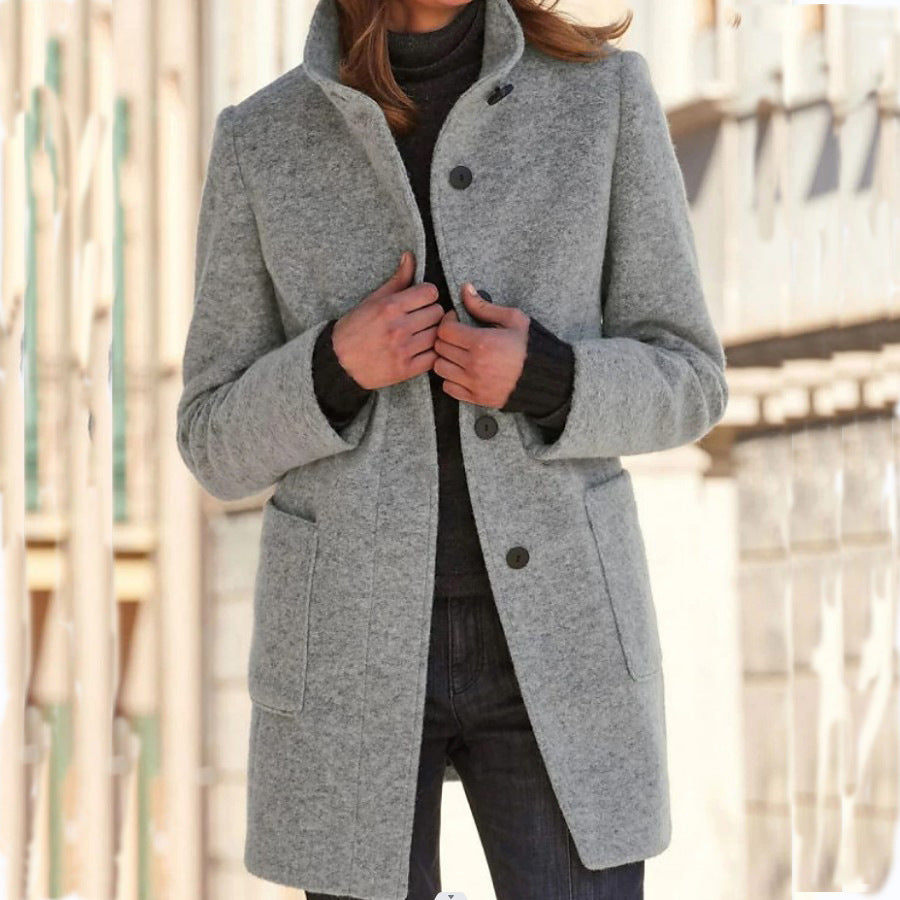 Stand Collar Woolen Coat With Pockets Fall Winter