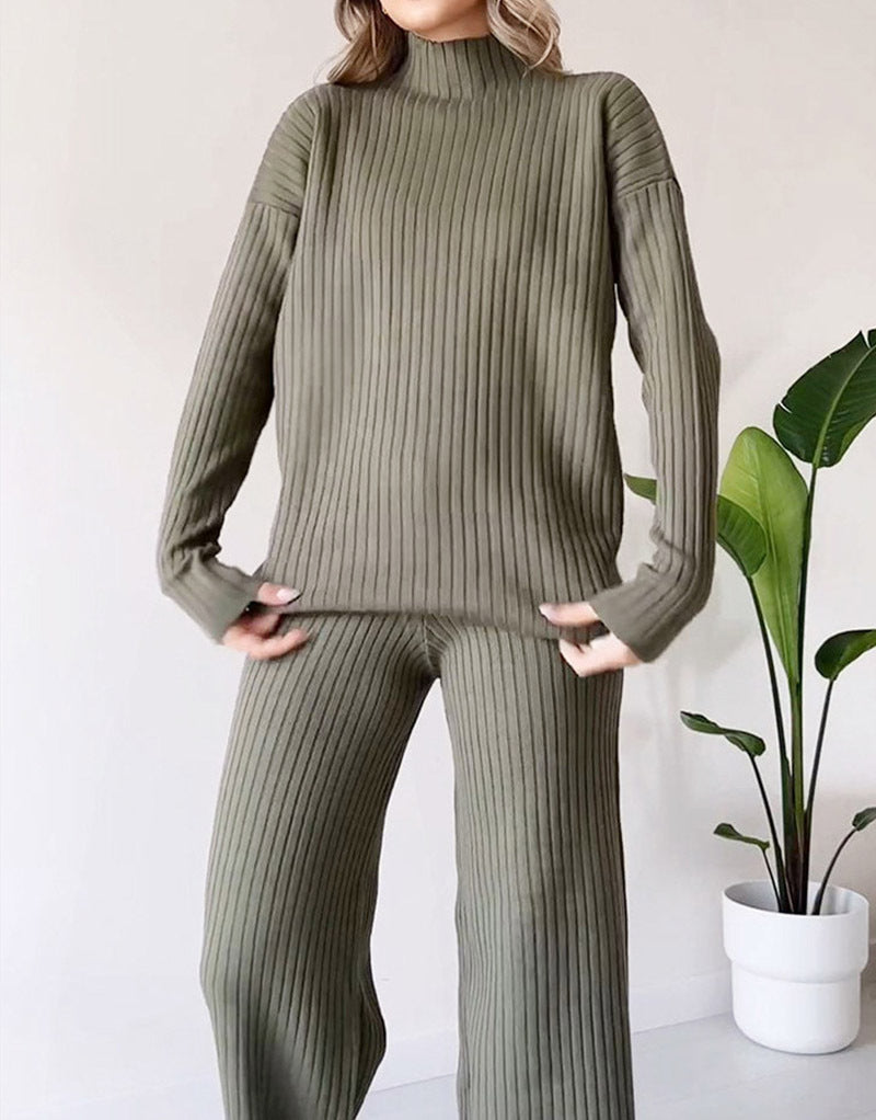 Women's Turtleneck Knitted Set - Loose Long Sleeve Top & Straight Trousers, Casual Solid Outfit