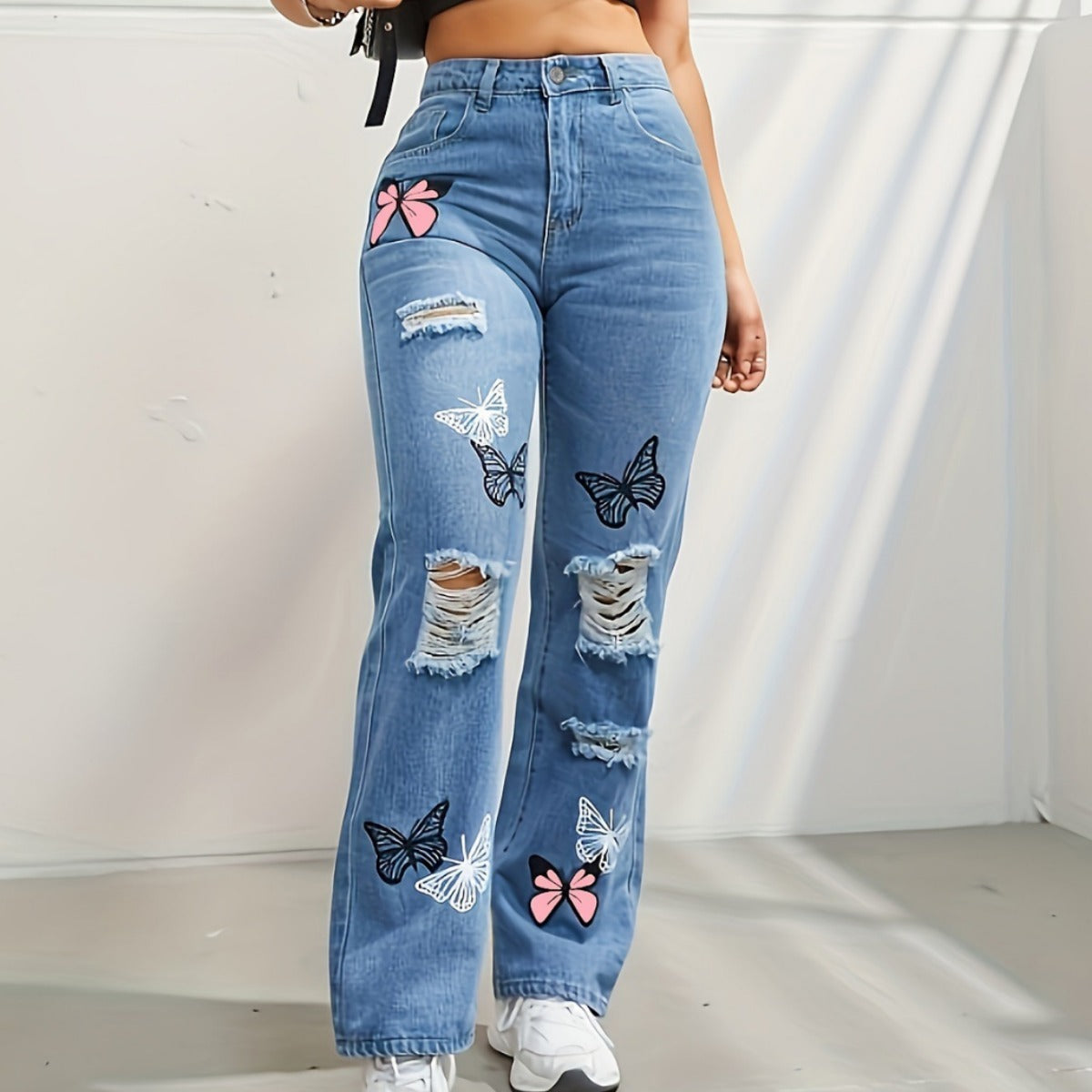 High Waisted Straight Leg Jeans for Women | Trendy Butterfly Print Ripped Distressed Denim Pants