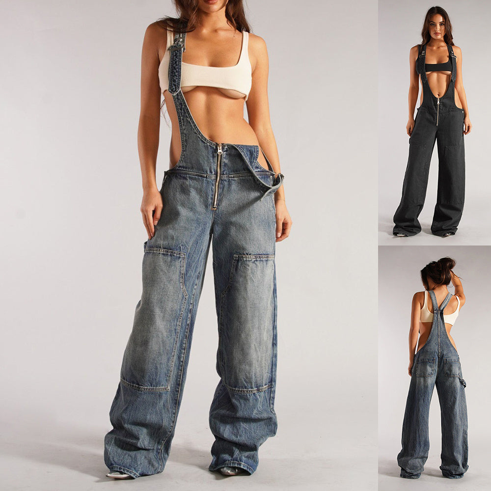 Zipper Denim With Pockets Jumpsuit Streetwear Jeans