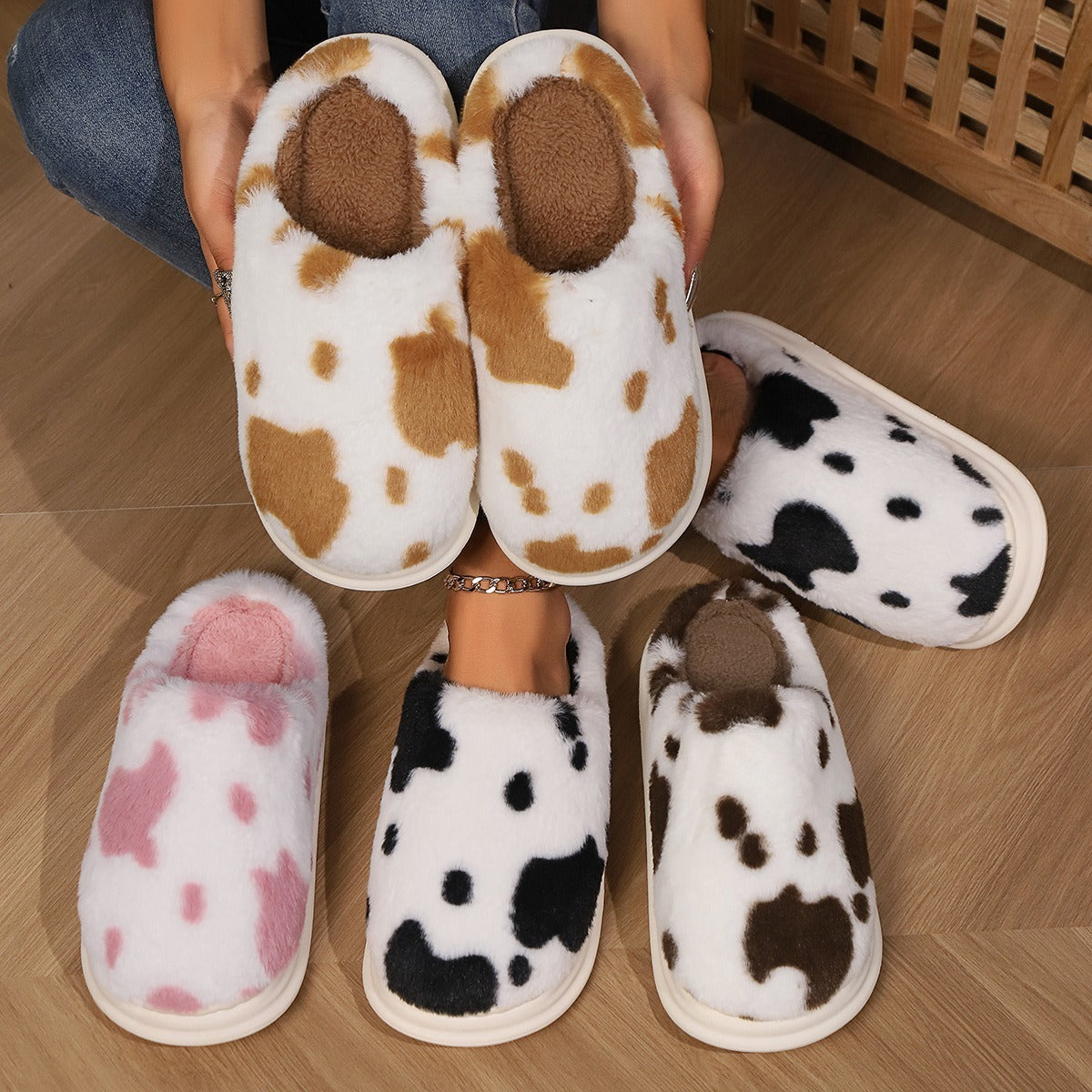 Cute Cow Spotted Plush Slippers Winter Warm Non-slip