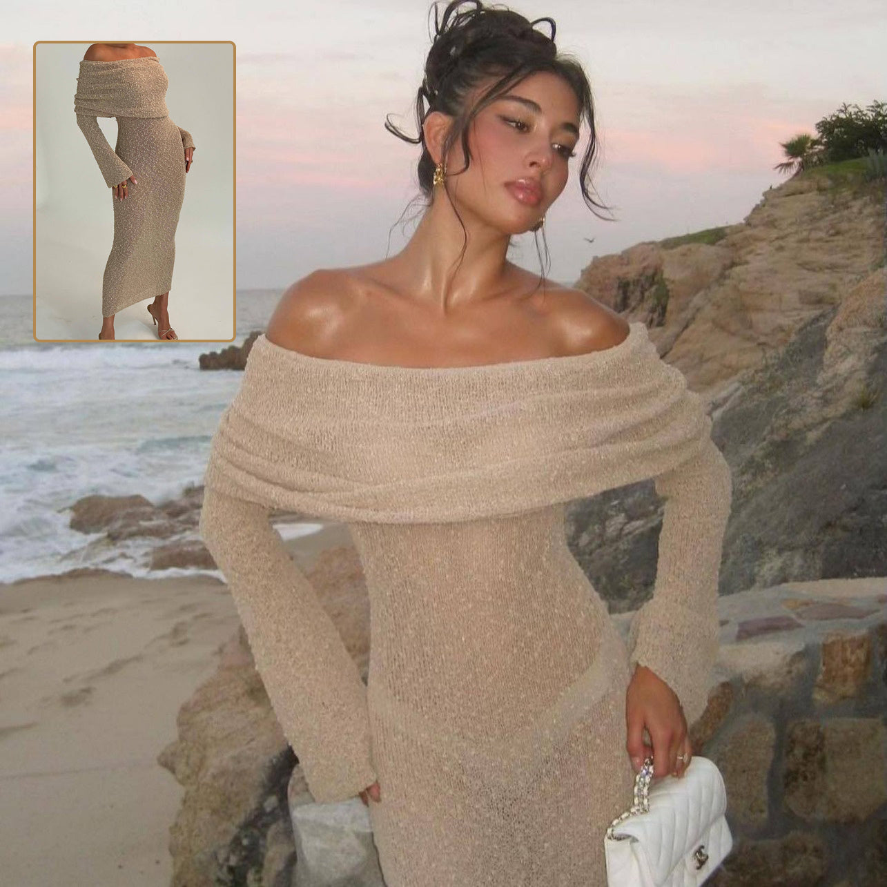 New One-shoulder Knitted Long-sleeved Dress