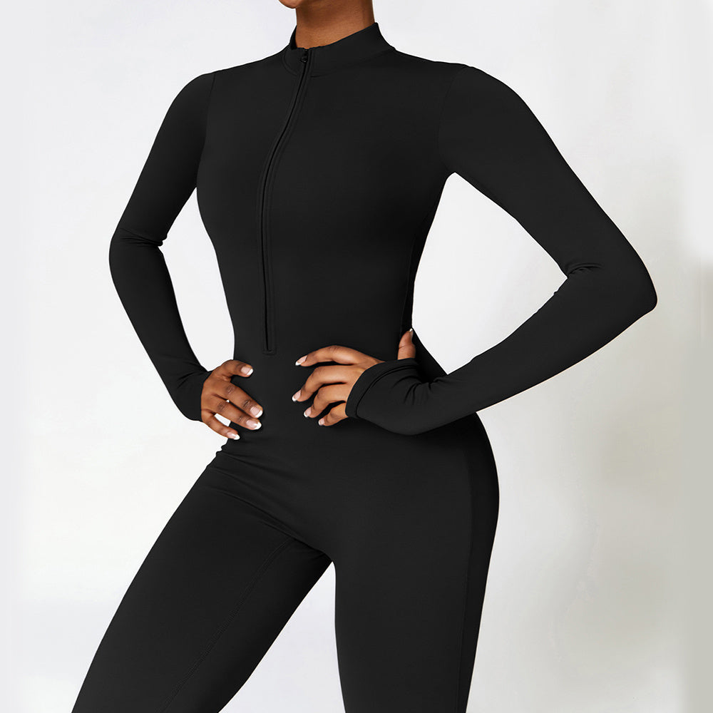 Warm Zipper Long-sleeved Jumpsuit Yoga Fitness Sports Pants Breathable Bodysuit