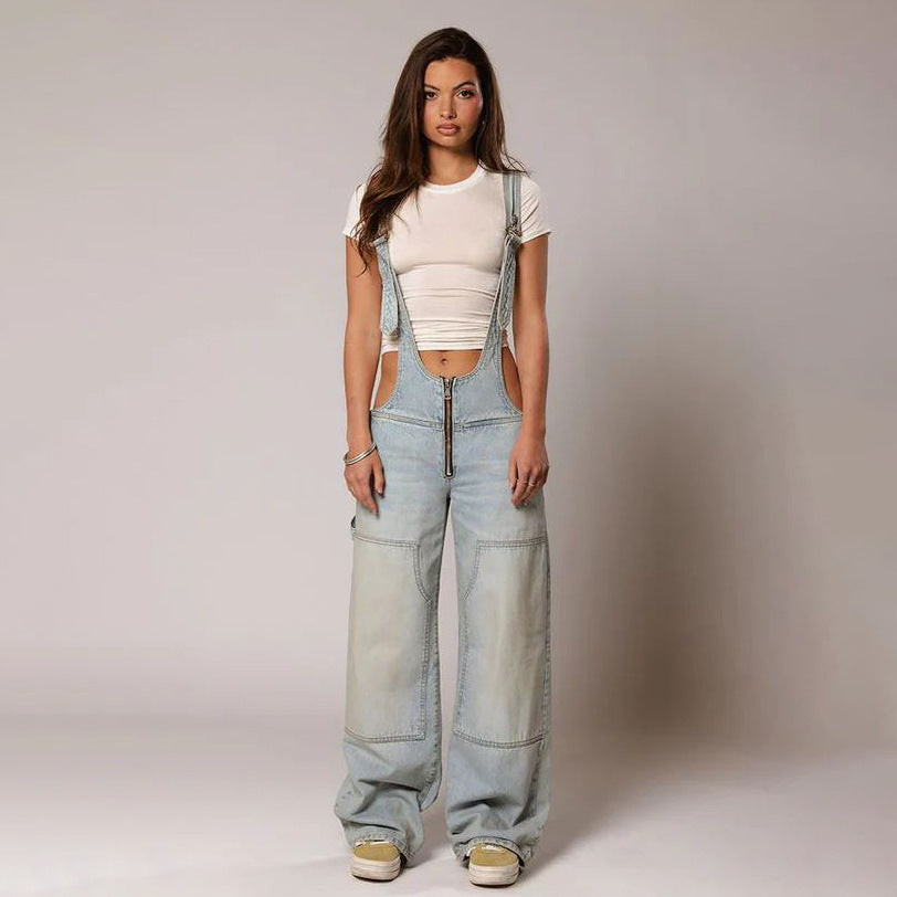 Zipper Denim With Pockets Jumpsuit Streetwear Jeans