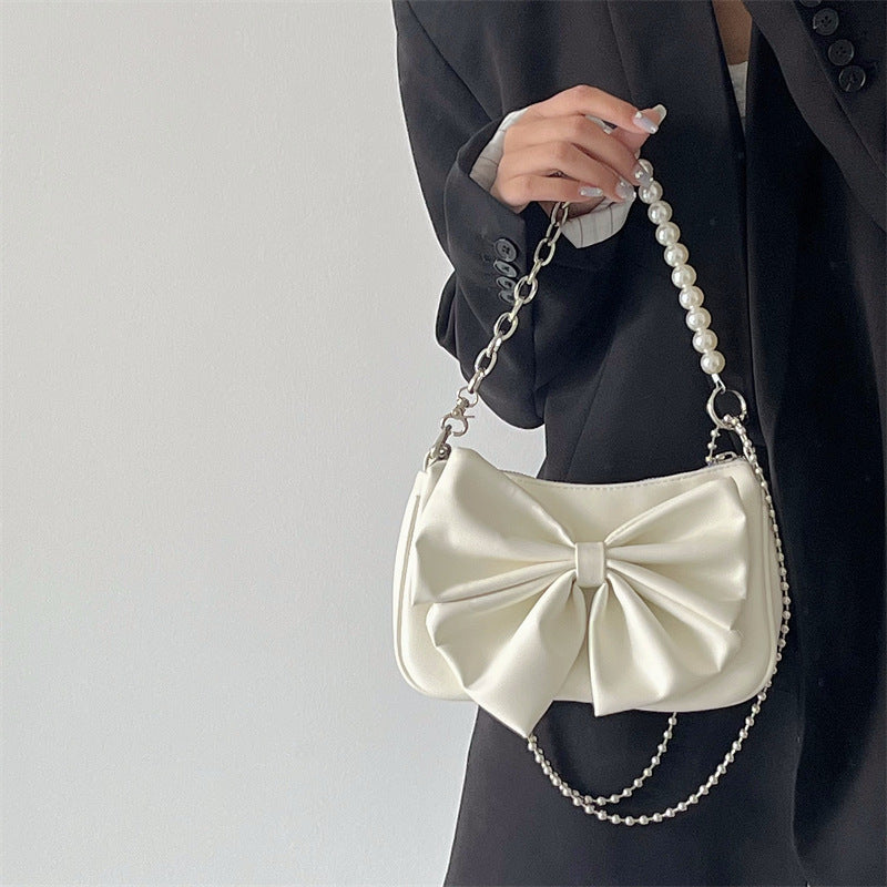 Women's PU Bow Handbag - Black & White Underarm Tote with Pearl Chain, Small Shoulder Purse