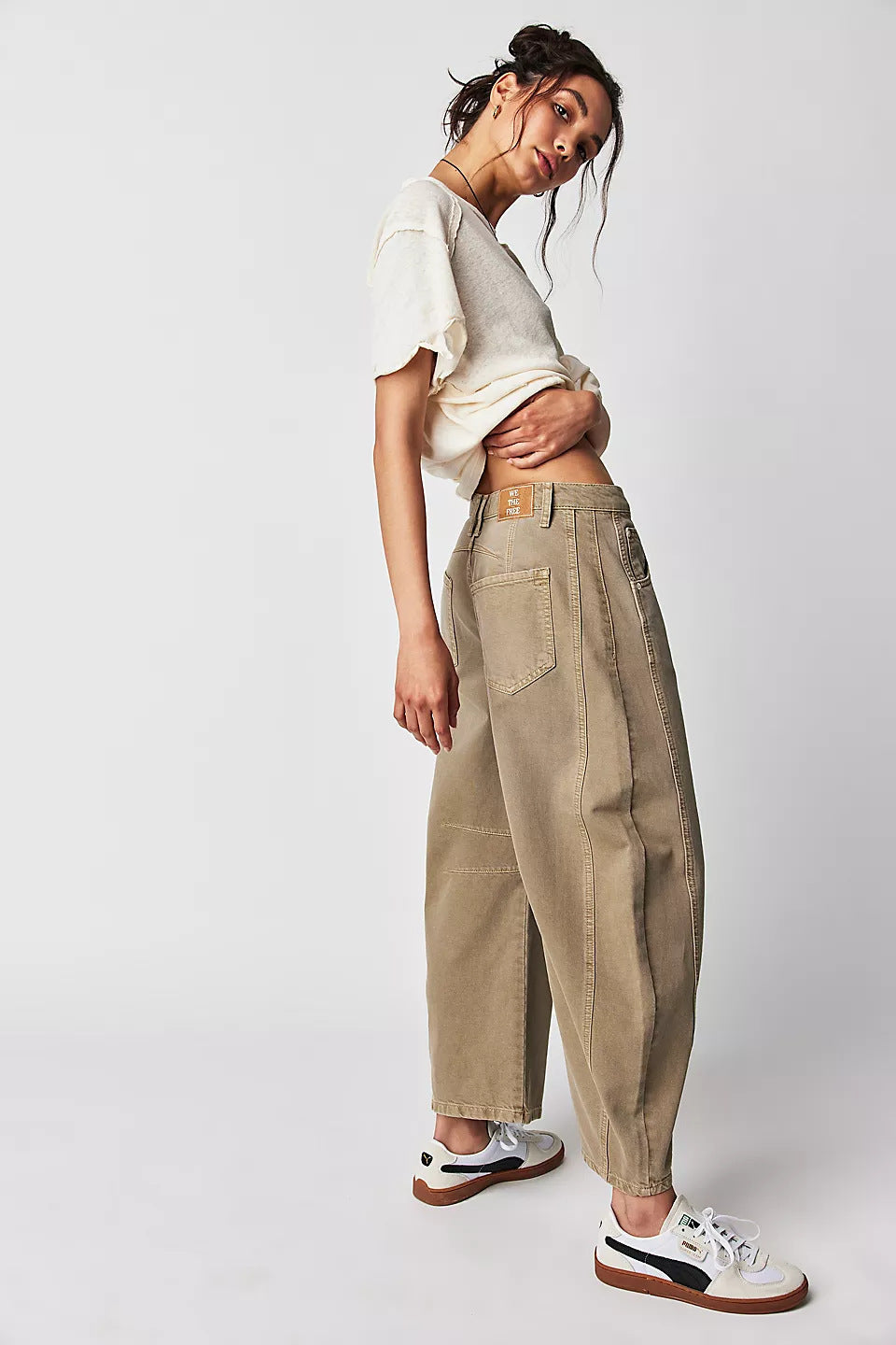 Women's High Stretch Barrel Jeans - Mid-Rise Wide Leg Casual Baggy Denim