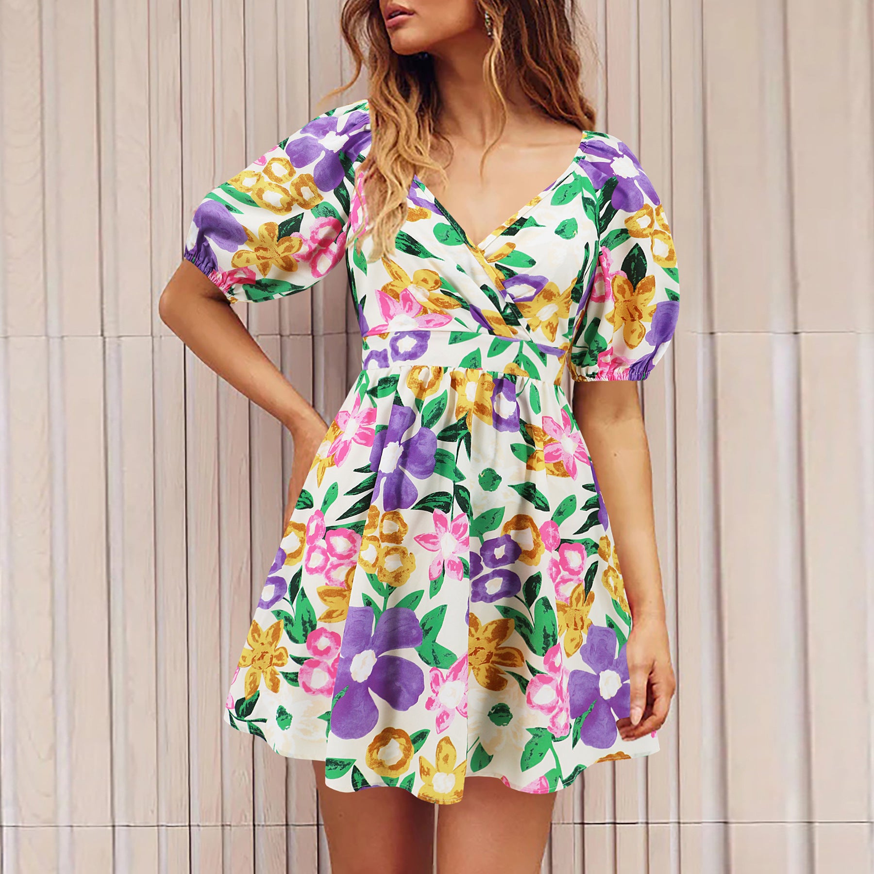 Flowers Print V-Neck Lantern-sleeve Dress