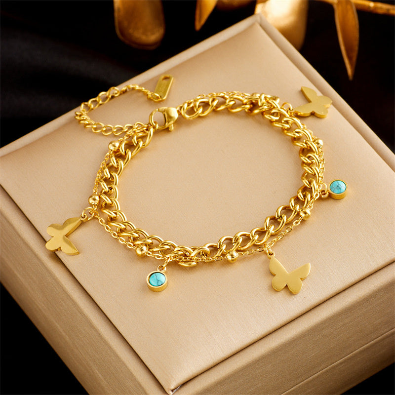 Gold Plated Stainless Steel Double Layer Snake Chain Bracelet | Punk Style Luxury Jewelry for Women
