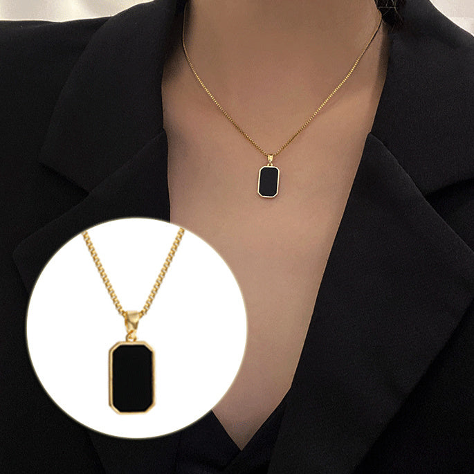 18K Gold Black Rectangular Pendant Necklace – Titanium Steel Unisex Non-Fading Jewelry