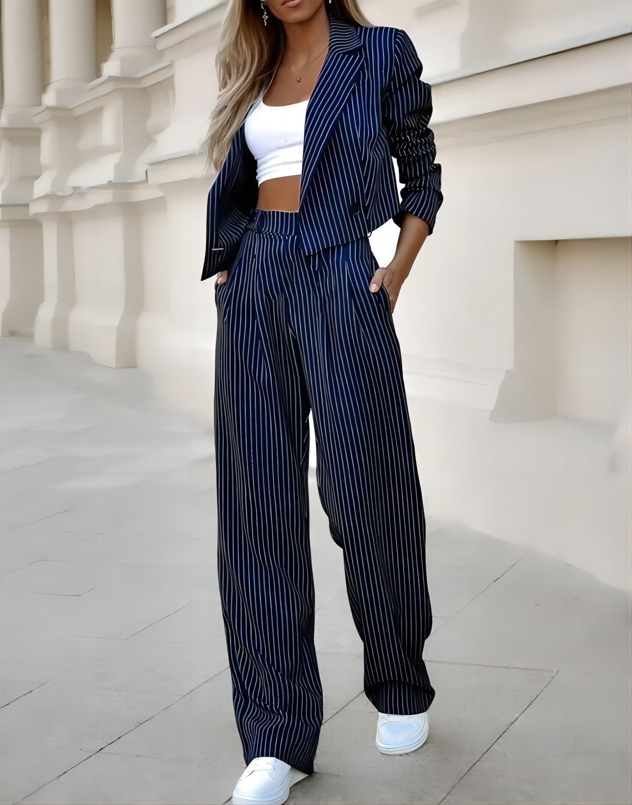 Striped Suits Casual Lapel Long Sleeve Cropped Top And Straight Pants