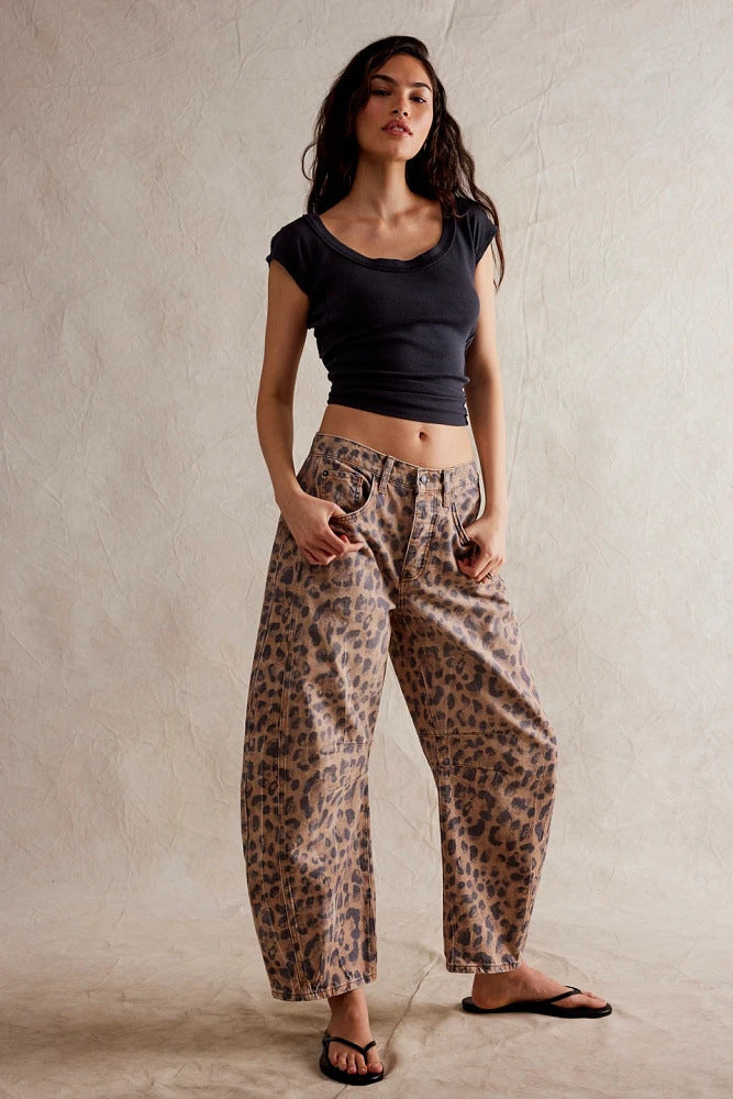 Women's High Stretch Barrel Jeans - Mid-Rise Wide Leg Casual Baggy Denim