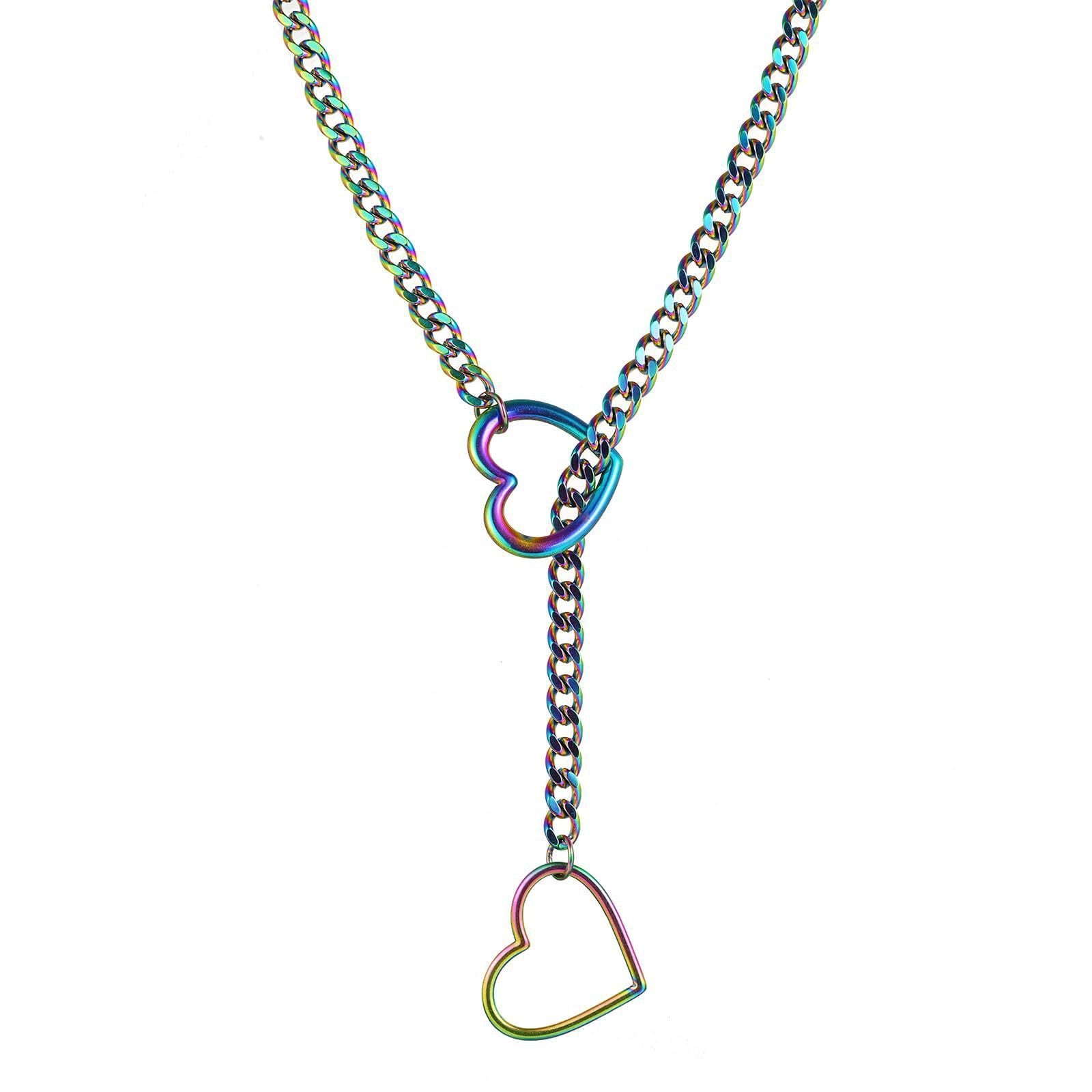 Stainless Steel Lariat Heart Necklace | Heavy Ring Cuban Long Chain Punk Rock Slipchain Choker Collar for Women & Men