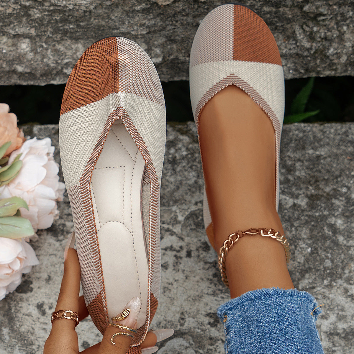 Fashion Colorblock Flats for Women | Breathable Flying Woven Loafers Slip-On Comfortable Shoes