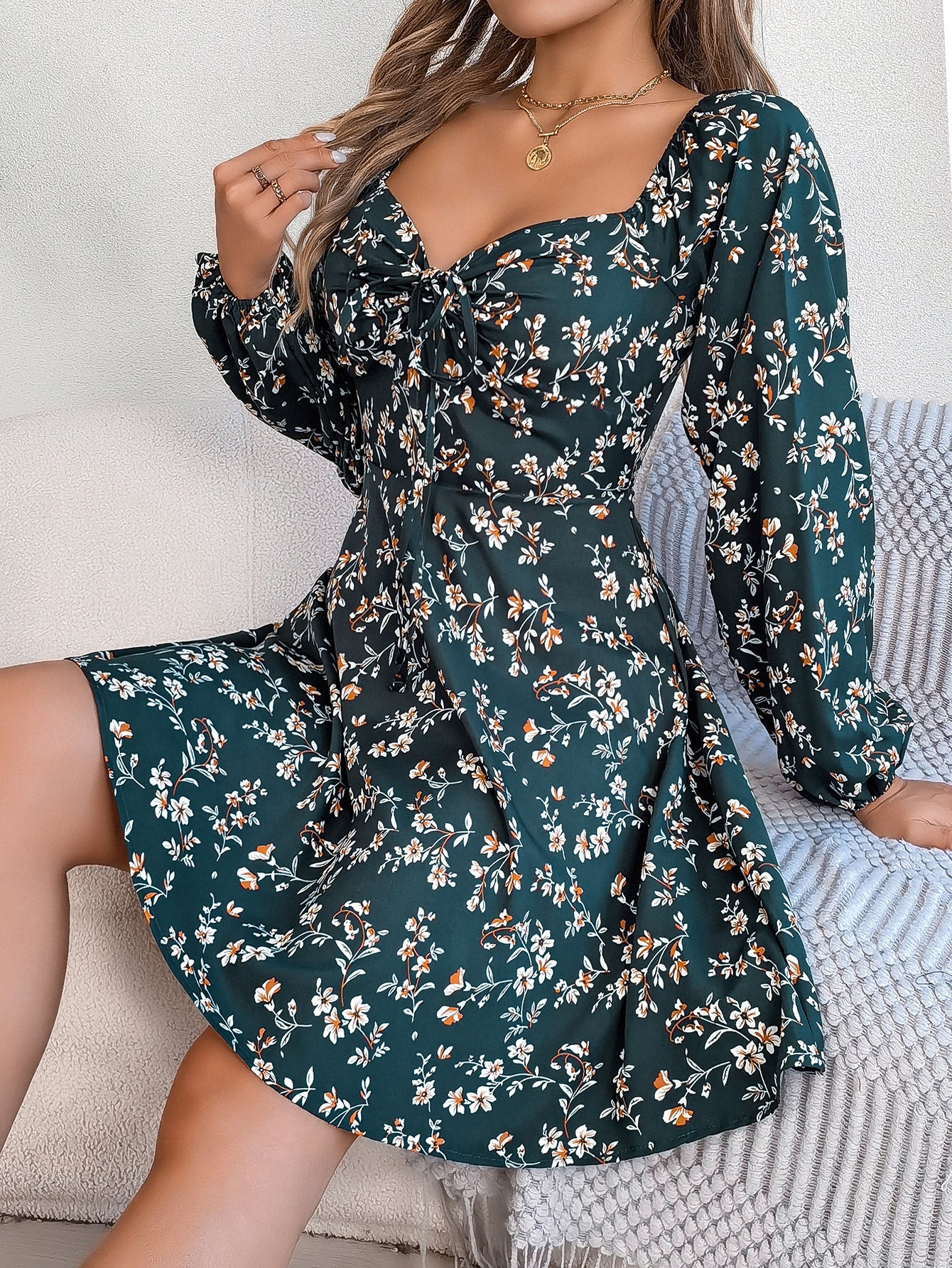 Floral Print Lantern Sleeve Dress Casual