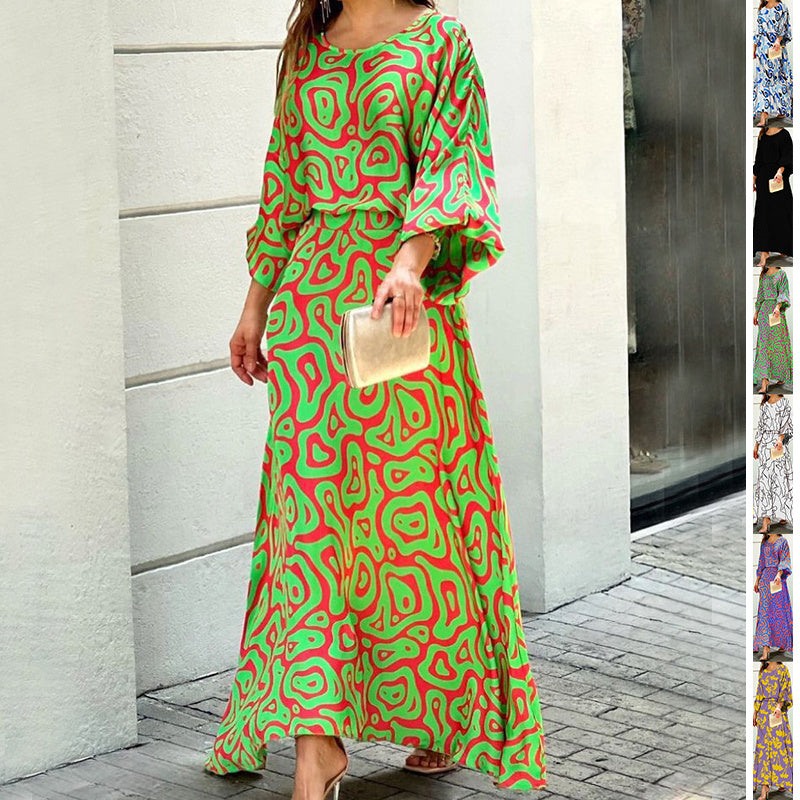 2Pcs Women's Dress Suit | Fashion Loose Printed Long Sleeve Top & High Waist Long Skirt Set