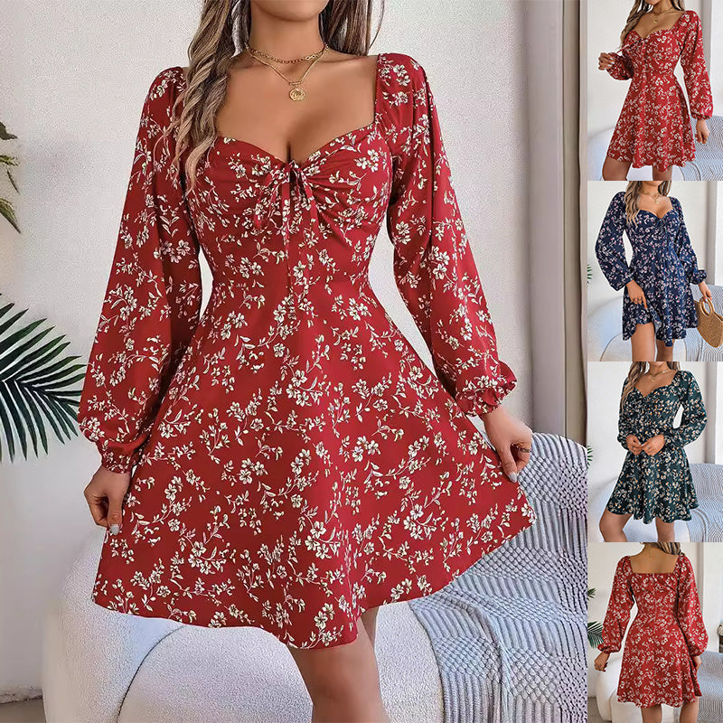 Floral Print Lantern Sleeve Dress Casual