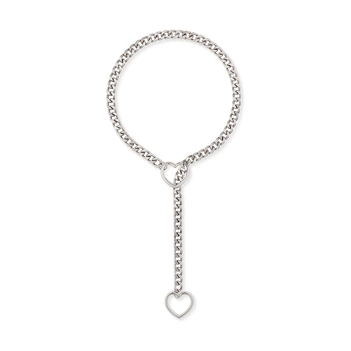 Stainless Steel Lariat Heart Necklace | Heavy Ring Cuban Long Chain Punk Rock Slipchain Choker Collar for Women & Men