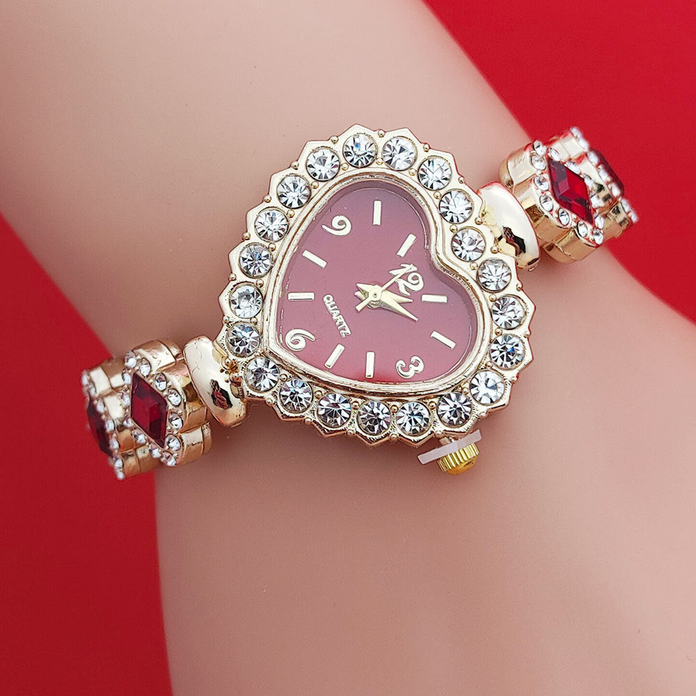 Fashion Love Heart Bracelet & Diamond Quartz Watch Set - Women's Valentine's Day Gift