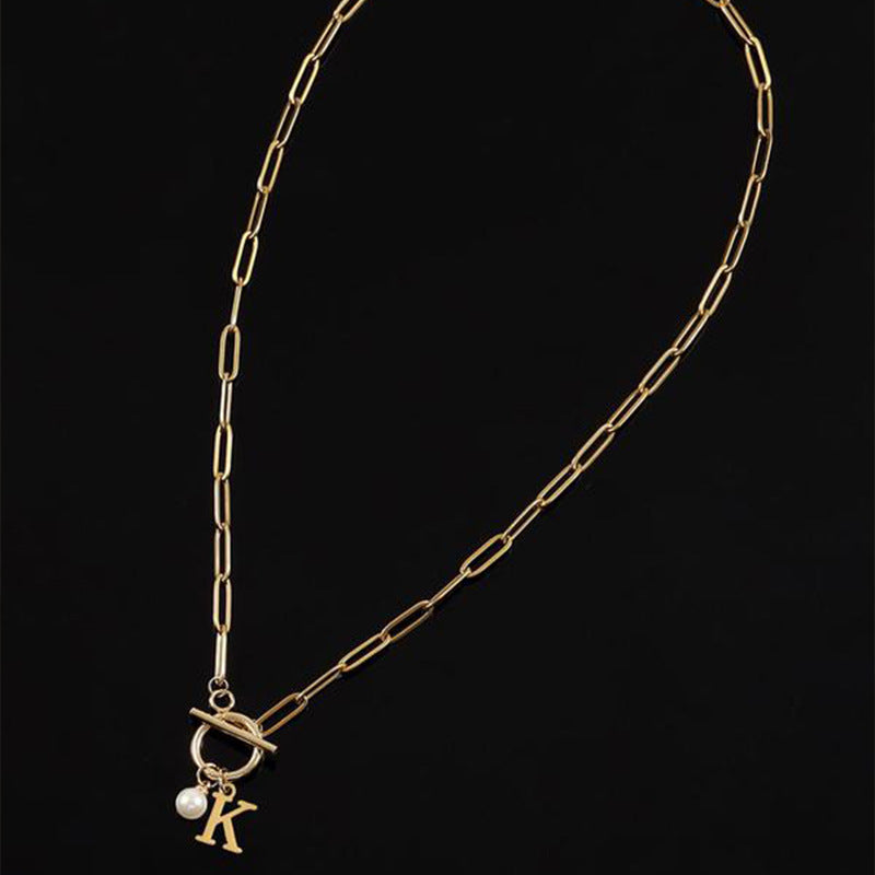 26 English Letter Necklace - Stainless Steel Clip Chain with Imitation Pearl Pendant for Women & Men